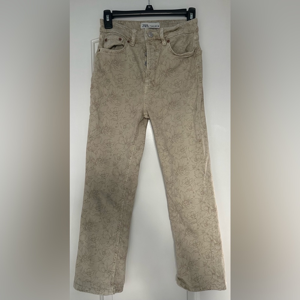 ZARA Size 4 Tan The Dreed Flare Pants w/ Brown Floral Detailing Buttonup Jeans
